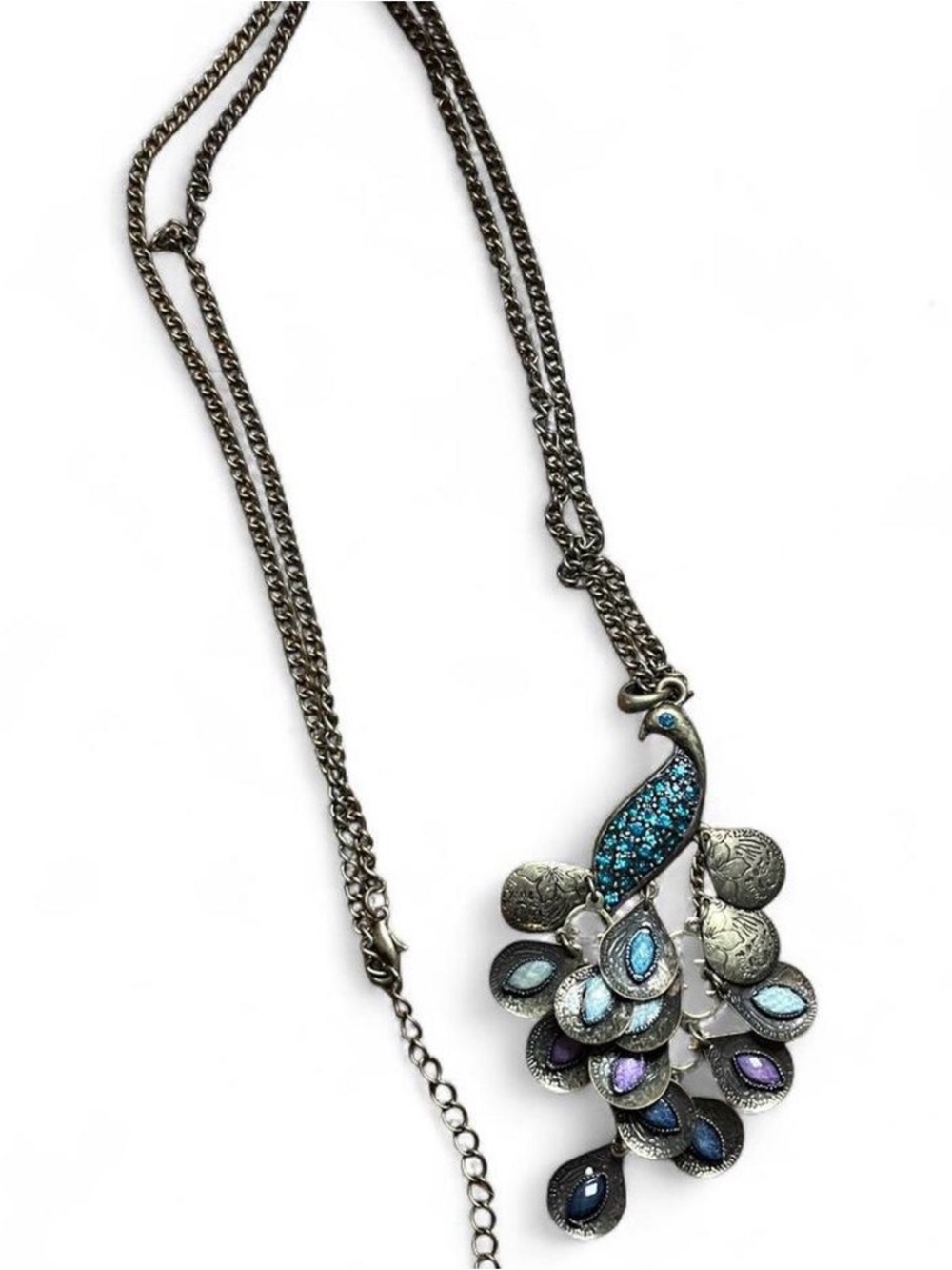 Vintage Y2K Peacock Statement Necklace Blue Purple Rhinestone Dangle Pendant, 17